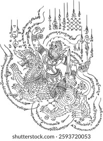 Thai Traditional tattoo. Hanuman Riding a Lion Yantra. Thai text translation: strength, courage, protection, and the ability to overcome any adversity.