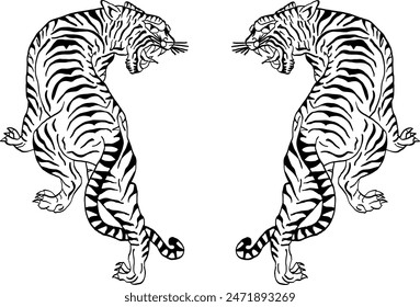 Tatuaje tradicional tailandés, dos tigres (Sueu Liew Lang Khu). archivo de Vector para varias tareas