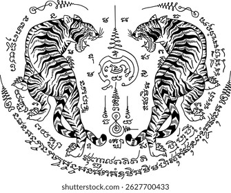 Thai traditional tattoo, two tigers (Sueu Khu) or twin tigers. Thai text translation: protection, strength and power
