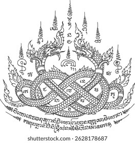 Thai traditional tattoo. Yan Naak Kiaow. Two intertwined Nagas (mythical serpents). Thai text translation: symbolizing love, unity, protection, and prosperity 