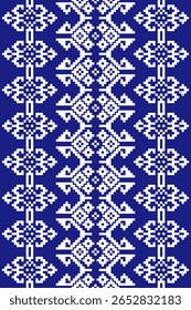 Patrón inconsútil tradicional tailandés de la materia textil con el diseño blanco del arte del pixel en fondo azul 