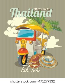 Thai traditional Tuk Tuk in Bangkok of Thailand. Three wheels car. Vector illustration