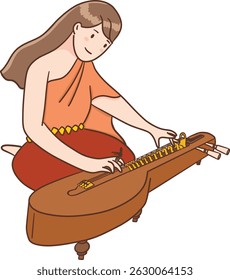 A Thai traditional woman playing chakhe or Thai zither illustration
