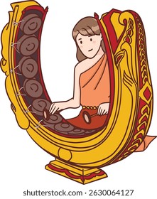 A Thai traditional woman playing Gong mon illustration