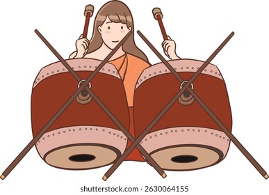 A Thai traditional woman playing That drum or klong that illustration