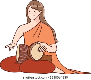 A Thai traditional woman playing tone and ramana drum illustration