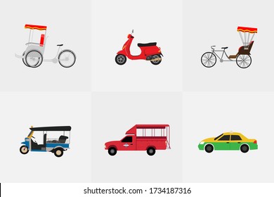 Thai transportation with tricycle, motorcycle, taxi, mini bus. Vector illustration
