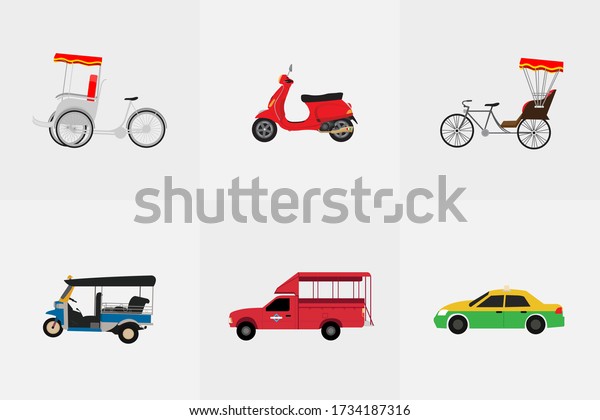 Thai transportation with tricycle,\
motorcycle, taxi, mini bus. Vector\
illustration