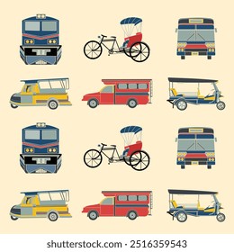 Thai transportation with tricycle, Tuk-Tuk, trains, buses fabric pattern on cream background.Trendy print. Fantasy print, great design for any purposes.Vector, illustration.