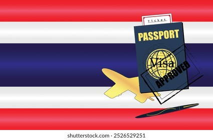 Thai Travel Documentation Concept with blue Passport and Thailand Flag. Approved Stamp. Airplane and Travel Tickets. Ideal for Immigration Tourism and Traveling Themes. Vector EPS available