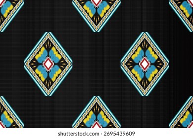 Patrón de diamante tribal tailandés con azul, oro y rojo sobre fondo textil negro. Inspirado en el arte tradicional del tejido y el diseño geométrico moderno para la moda y la decoración.
