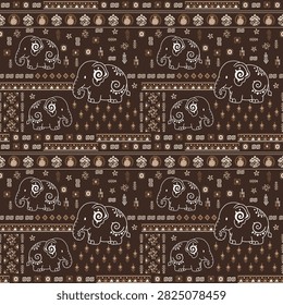 Thai tribal style elephant pattern, hand-drawn vector illustration, background, elephant design, cultural pattern for fabric surfaces, decoration, and printing.
