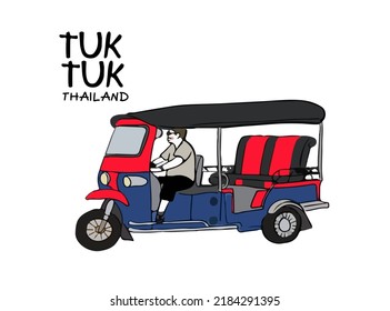 Thai Tuk Tuk. Hand Drawn vector Illustration. Travel Thailand Concept.