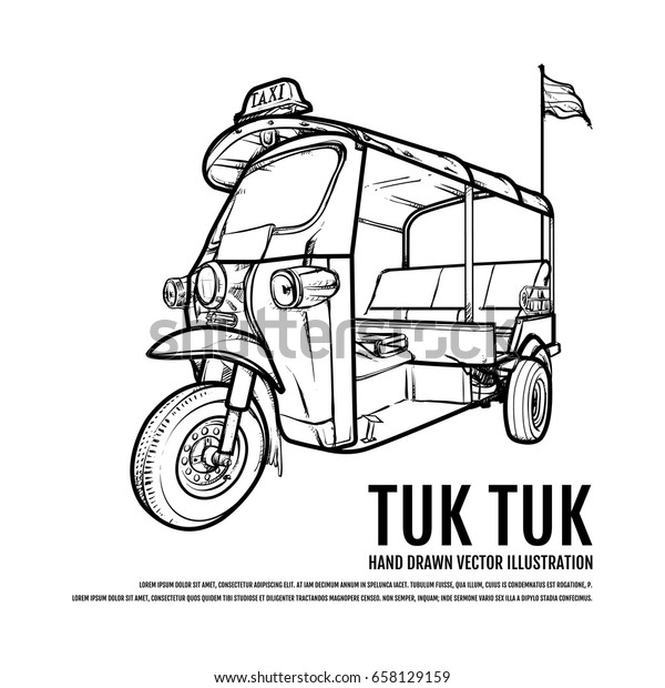 タイ トゥク トゥク タクシーバンコク手描きのベクターイラスト 旅行タイのコンセプト のベクター画像素材 ロイヤリティフリー