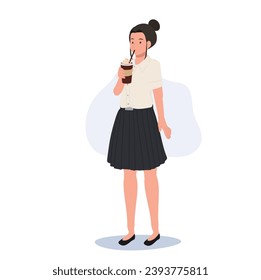 Thai University Student in Uniform Enjoying Iced Coffee on Campus