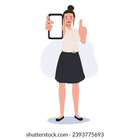 Thai University Student in uniform Expressing Success with Smartphone and Thumbs Up