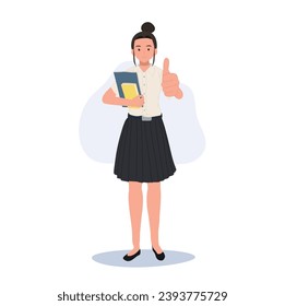 Thai University Student in Uniform is holding books and Showing Thumbs Up. Positive Gesture 