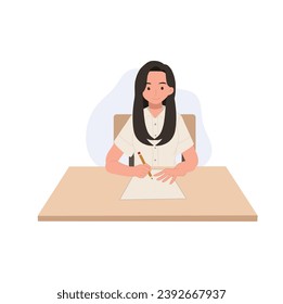 Thai University Student in Uniform Taking Exam, Concentrated Asian Education