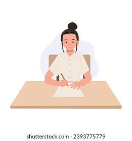 Thai University Student in Uniform Taking Exam, Concentrated Asian Education