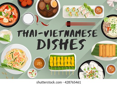 Thai - Vietnamese Food : Food Illustration In Top View : Vector Illustration