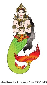 thai vintage style mermaid. vector illustration isolated cartoon hand drawn