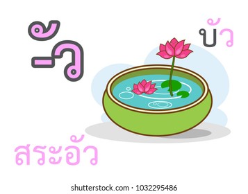 Thai vowels alphabet sara ua and thai word spelling dok bua or lotus flower with picture of lotus flower