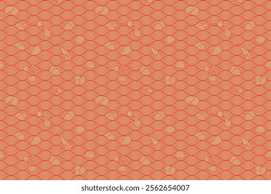 Thai wave pattern with several fish, seamless background, wavy line art