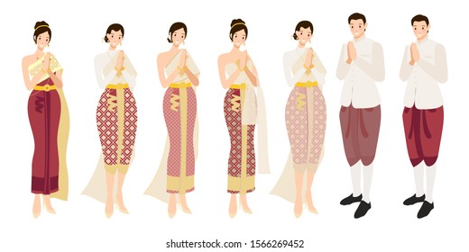 Thai wedding couple greeting in traditional dress eps10 vectors illustration