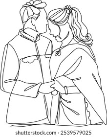 Thai Wedding Couple Line Art Traditional Vector