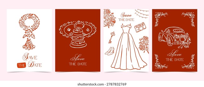 Thai wedding sketch card vector set with wreath, ring tray, bridal car, dress, floral details, and traditional red ceremony invitation layout.