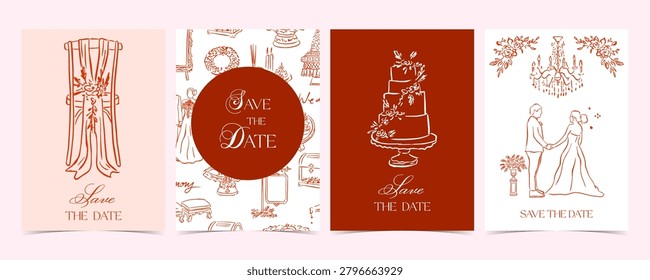 Thai wedding sketch card vector set with wreath, ring tray, bridal dress, car, floral ceremony details, and red hand drawn invitation layout.