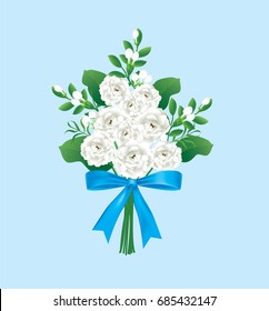 Thai White Jasmine Flower bouquet with blue ribbon bow on blue background,Vector Illustration