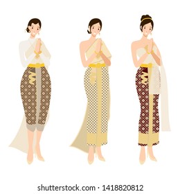 Thai woman in beautiful traditional wedding dress pay respect or greeting flat style eps10 vectors illustration