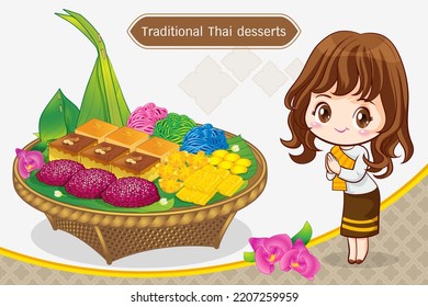 Thai woman cartoon character in traditional costume Sawasdee and welcome presenting traditional thai dessert set