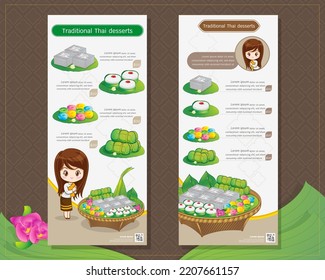 Thai woman cartoon character in traditional costume Sawasdee and welcome presenting traditional thai dessert menu template artwork