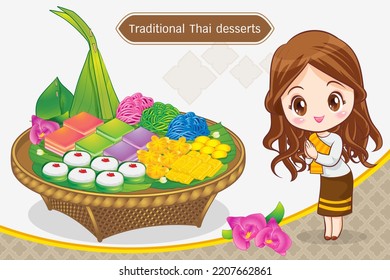 Thai woman cartoon character in traditional costume Sawasdee and welcome presenting traditional thai dessert set