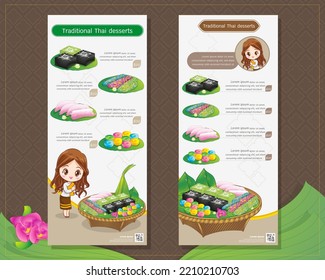 Thai woman cartoon character in traditional costume Sawasdee and welcome presenting traditional thai dessert menu template artwork