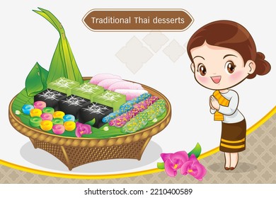 Thai woman cartoon character in traditional costume Sawasdee and welcome presenting traditional thai dessert set