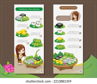 Thai woman cartoon character in traditional costume Sawasdee and welcome presenting traditional thai dessert menu template artwork