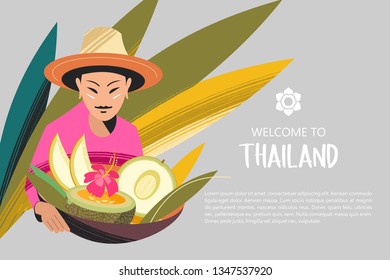 Thai woman in a hat holding a basket of exotic fruits. For the Thai market. Welcome to Thailand. Advertising flyer template.