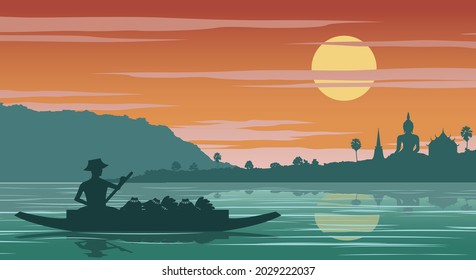 Thai woman merchant row boat to go to temple on sunset time,vector illustration