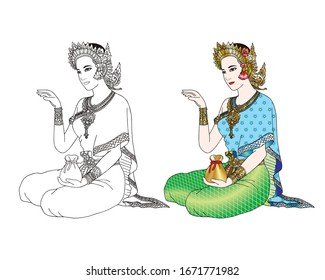 Thai woman style, Thai peaple believed to bring good luck and money, help to best sale for the owner. vector illustration isolated cartoon hand drawn