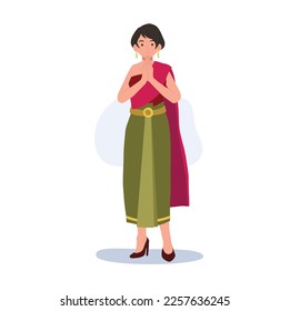 thai woman in Thai traditional costume, say hello Sawasdee. Thai people greeting "Sawasdee". Flat vector illustration
