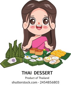 Thai woman in Thai traditional dress with dessert or Kanom thai. Logo Thai dessert vector design.