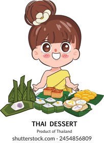 Thailändische Frau im traditionellen thailändischen Kleid mit Dessert oder Kanom Thai. Logo Thai Dessert Vektorgrafik Design.