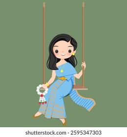 Thai Woman in Traditional Dress Holding Flower Garland on Wooden Swing | Vector Illustration