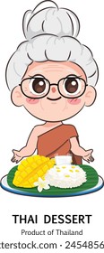 Thai woman in Thai traditional dress with Mango and Sticky rice or Thai dessert.