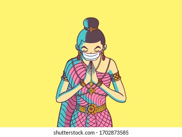 thai woman wear a face mask and greeting with sawasdee symbol raise hands to pay respect for protection coronavirus covid-19