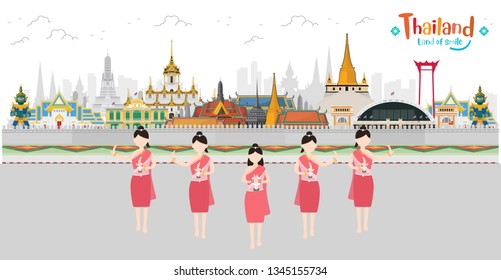 Thai Women Traditional dancing. Bangkok in Thailand and Landmarks and travel. vector illustration