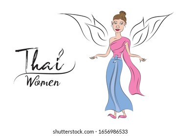 Thai women in thai traditional dress vector illustration, Traditional southeast asian costume, cartoon
